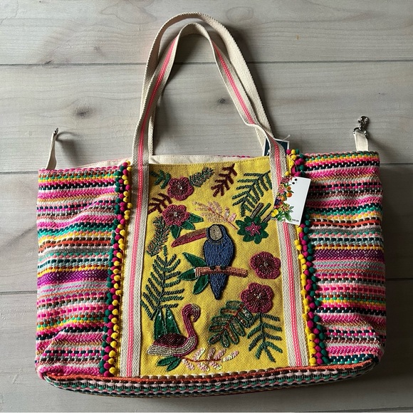 NWT America and Beyond Flamingo Bird Toucan Beaded Pom Embroidered Beach Tote - Picture 2 of 9